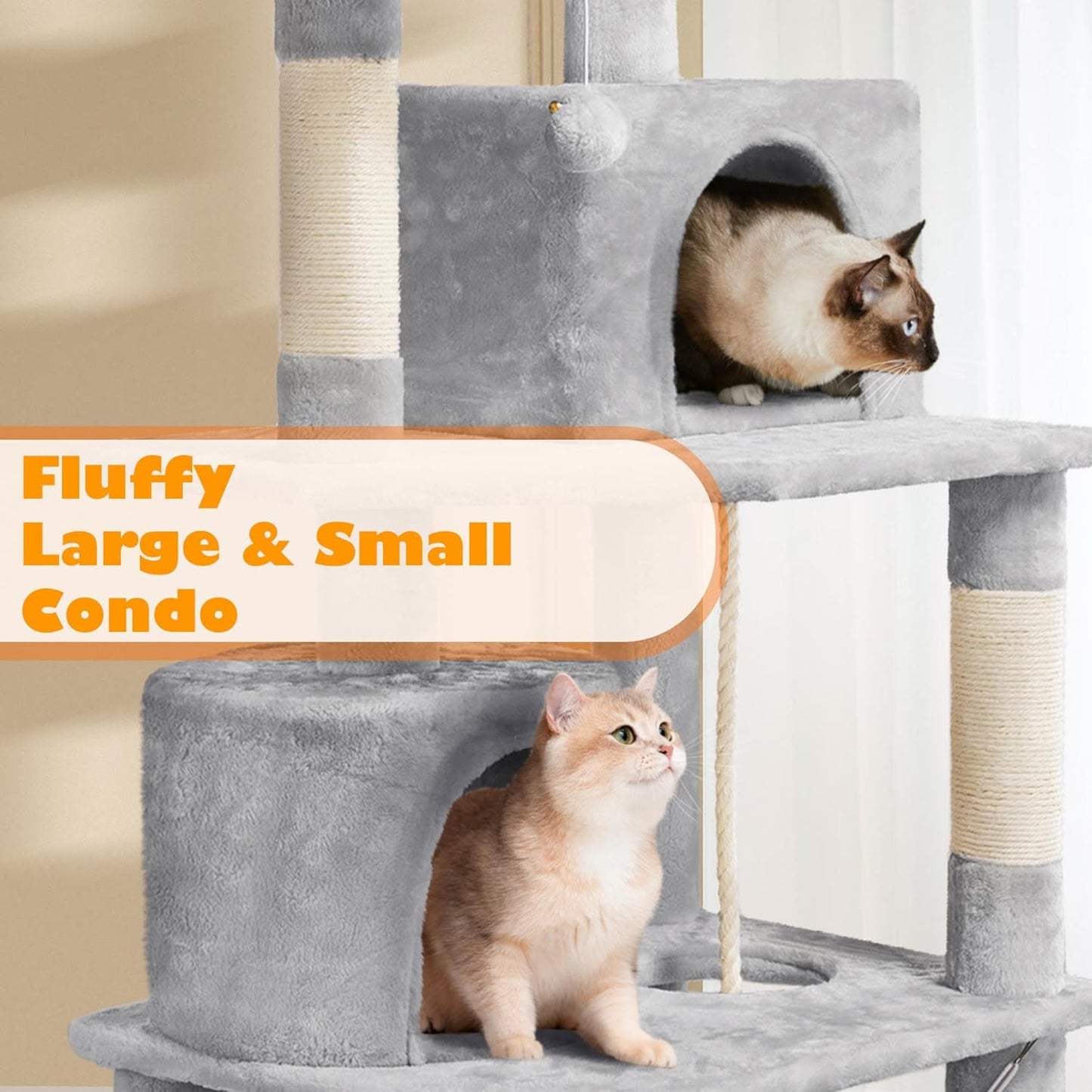 62.5-Inch Cat Tree Tower with Platform, Hammock, and Scratching Posts - Plush Perch for Indoor Relaxation and Play, Light Gray