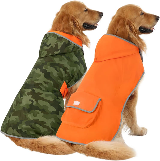 Reversible Hooded Dog Raincoat Poncho Jacket in Camo Orange for Small to Large Breeds - Size L