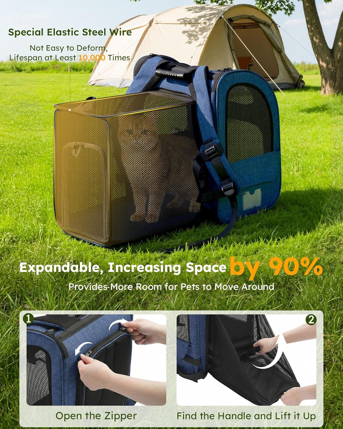 Expandable Cat Backpack Carrier for Small Pets up to 11 lbs, Featuring 4-Sided Breathable Mesh, Multi-Entry Design, and Lockable Zippers for Travel, Hiking, and Camping - Hands-Free, Blue