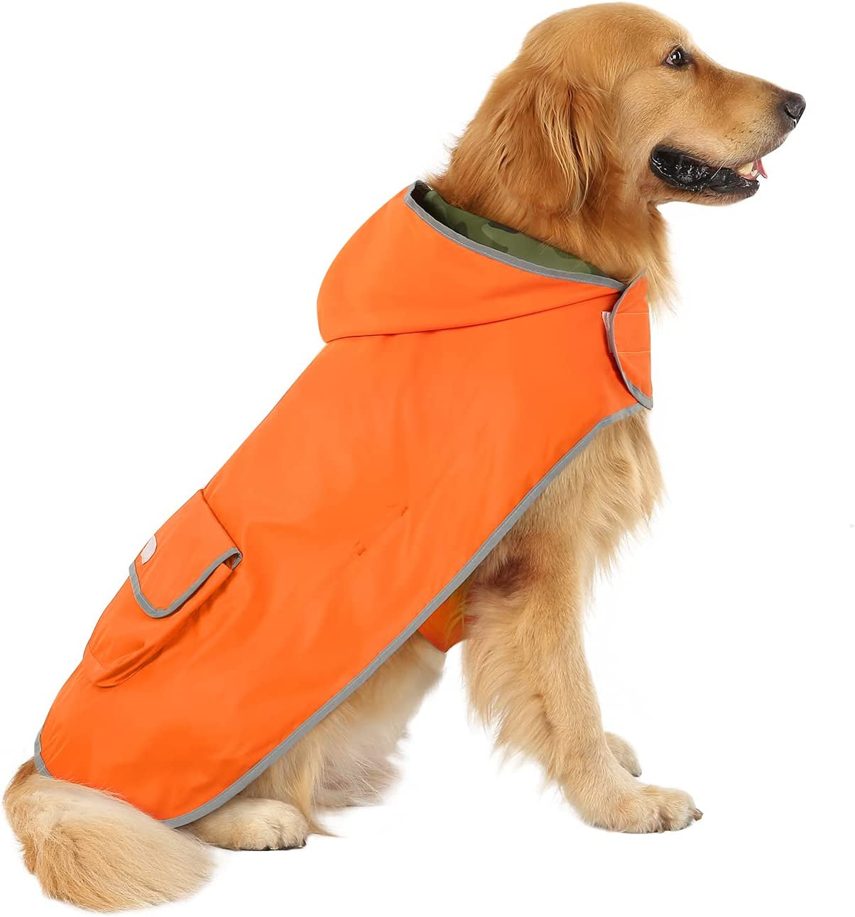Reversible Hooded Dog Raincoat Poncho Jacket in Camo Orange for Small to Large Breeds - Size L