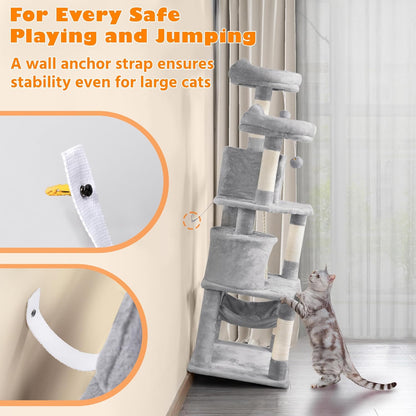 62.5-Inch Cat Tree Tower with Platform, Hammock, and Scratching Posts - Plush Perch for Indoor Relaxation and Play, Light Gray
