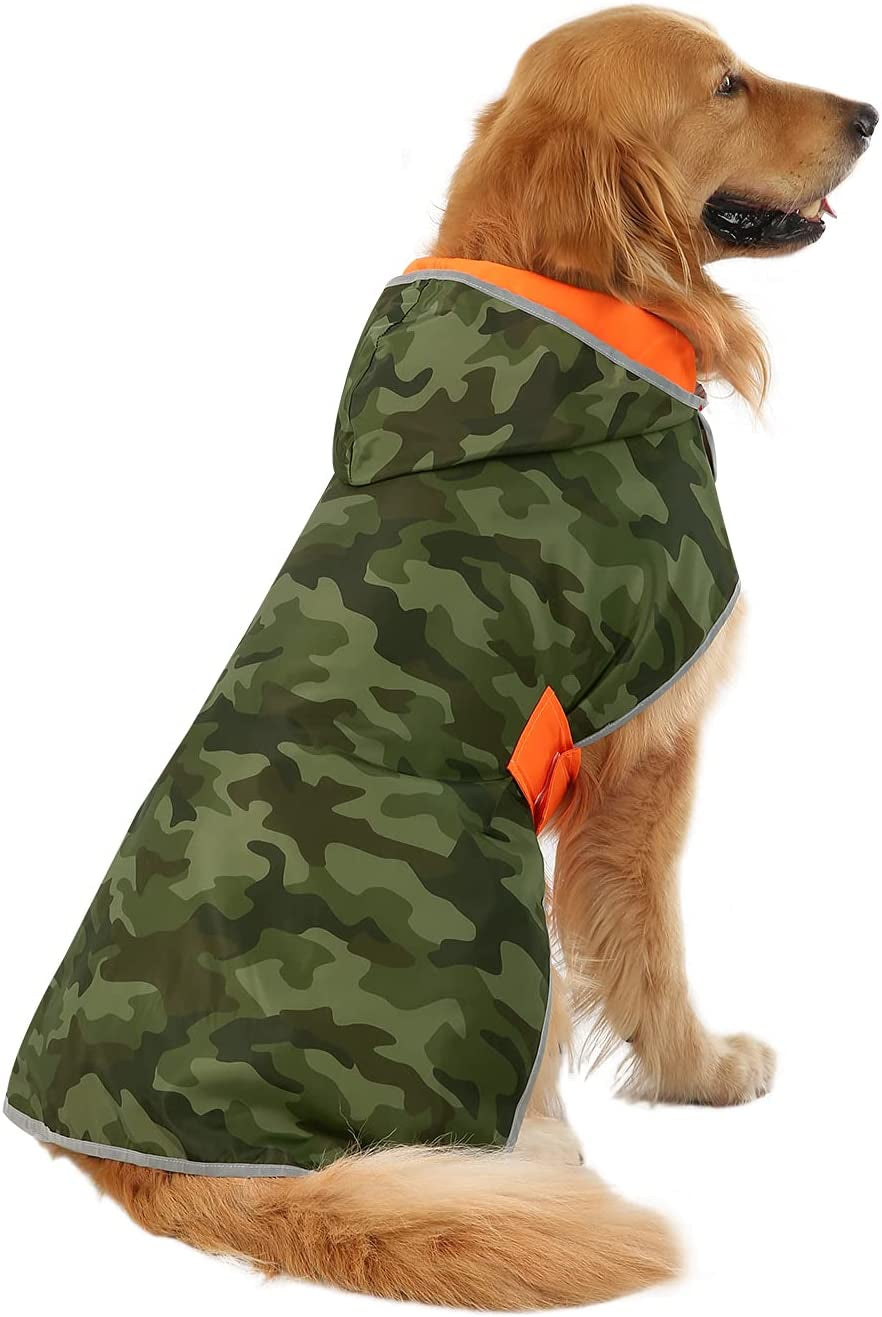 Reversible Hooded Dog Raincoat Poncho Jacket in Camo Orange for Small to Large Breeds - Size L