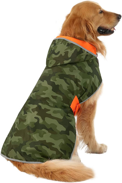 Reversible Hooded Dog Raincoat Poncho Jacket in Camo Orange for Small to Large Breeds - Size L
