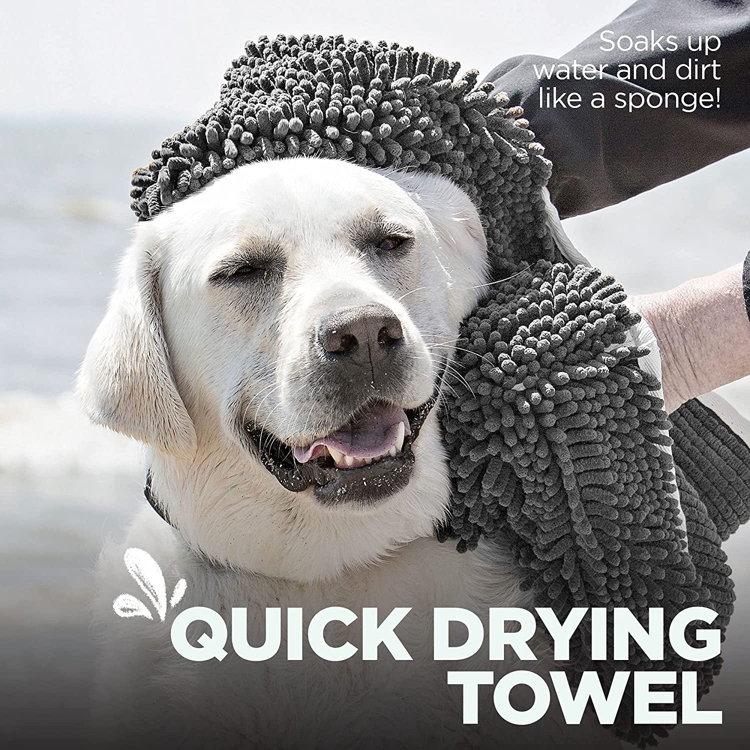 Soggy Doggy Super Shammy Microfiber Chenille Towel for Efficient Dog Drying and Paw Cleaning - Fast Drying with Convenient Hand Pockets (Gray, 31” x 14”)