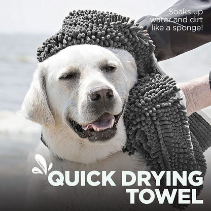 Soggy Doggy Super Shammy Microfiber Chenille Towel for Efficient Dog Drying and Paw Cleaning - Fast Drying with Convenient Hand Pockets (Gray, 31” x 14”)