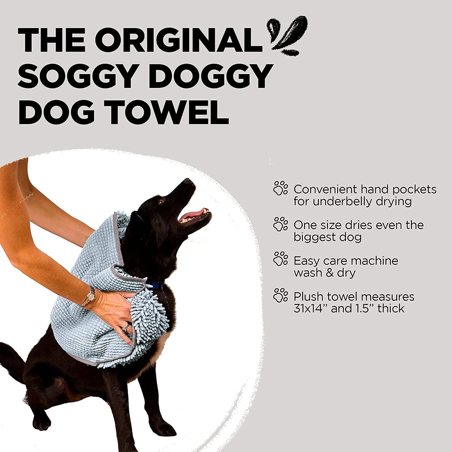 Soggy Doggy Super Shammy Microfiber Chenille Towel for Efficient Dog Drying and Paw Cleaning - Fast Drying with Convenient Hand Pockets (Gray, 31” x 14”)