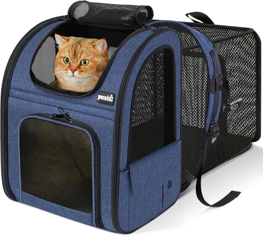 Expandable Cat Backpack Carrier for Small Pets up to 11 lbs, Featuring 4-Sided Breathable Mesh, Multi-Entry Design, and Lockable Zippers for Travel, Hiking, and Camping - Hands-Free, Blue