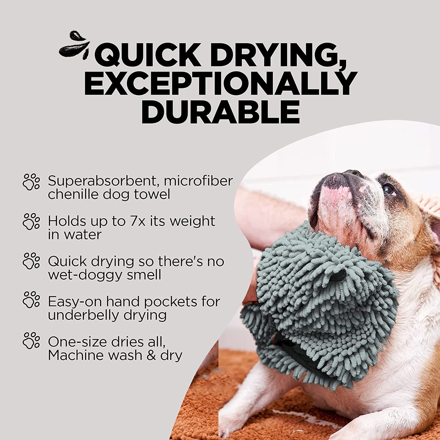 Soggy Doggy Super Shammy Microfiber Chenille Towel for Efficient Dog Drying and Paw Cleaning - Fast Drying with Convenient Hand Pockets (Gray, 31” x 14”)