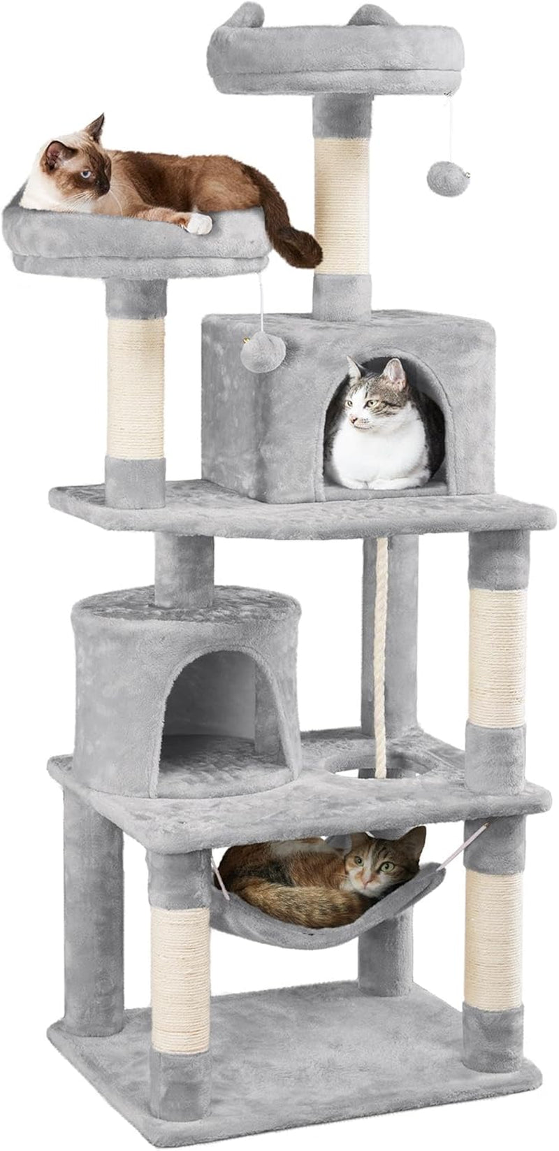 62.5-Inch Cat Tree Tower with Platform, Hammock, and Scratching Posts - Plush Perch for Indoor Relaxation and Play, Light Gray