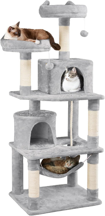 62.5-Inch Cat Tree Tower with Platform, Hammock, and Scratching Posts - Plush Perch for Indoor Relaxation and Play, Light Gray