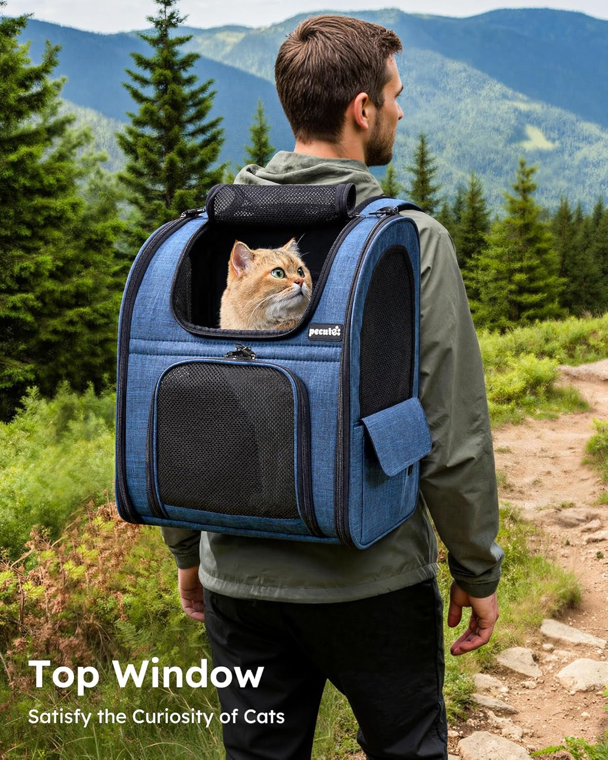 Expandable Cat Backpack Carrier for Small Pets up to 11 lbs, Featuring 4-Sided Breathable Mesh, Multi-Entry Design, and Lockable Zippers for Travel, Hiking, and Camping - Hands-Free, Blue