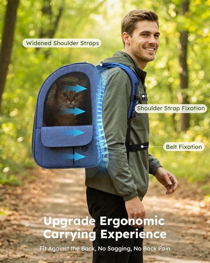 Expandable Cat Backpack Carrier for Small Pets up to 11 lbs, Featuring 4-Sided Breathable Mesh, Multi-Entry Design, and Lockable Zippers for Travel, Hiking, and Camping - Hands-Free, Blue