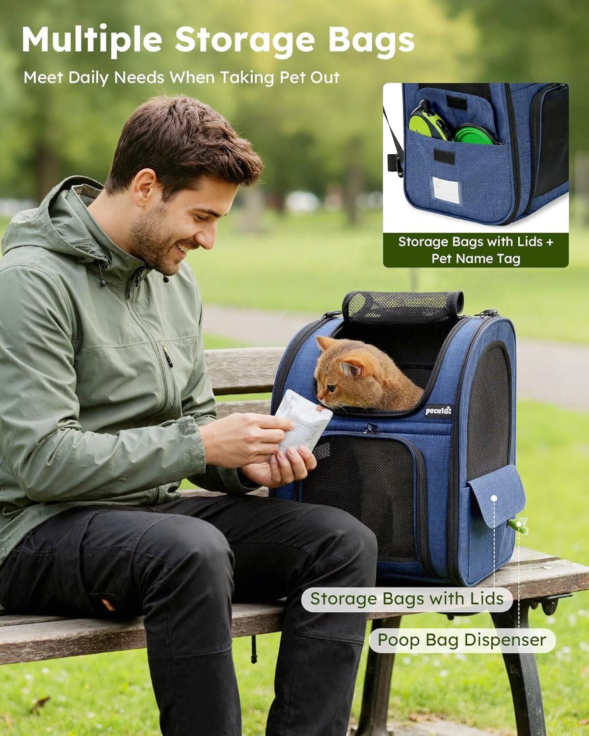 Expandable Cat Backpack Carrier for Small Pets up to 11 lbs, Featuring 4-Sided Breathable Mesh, Multi-Entry Design, and Lockable Zippers for Travel, Hiking, and Camping - Hands-Free, Blue