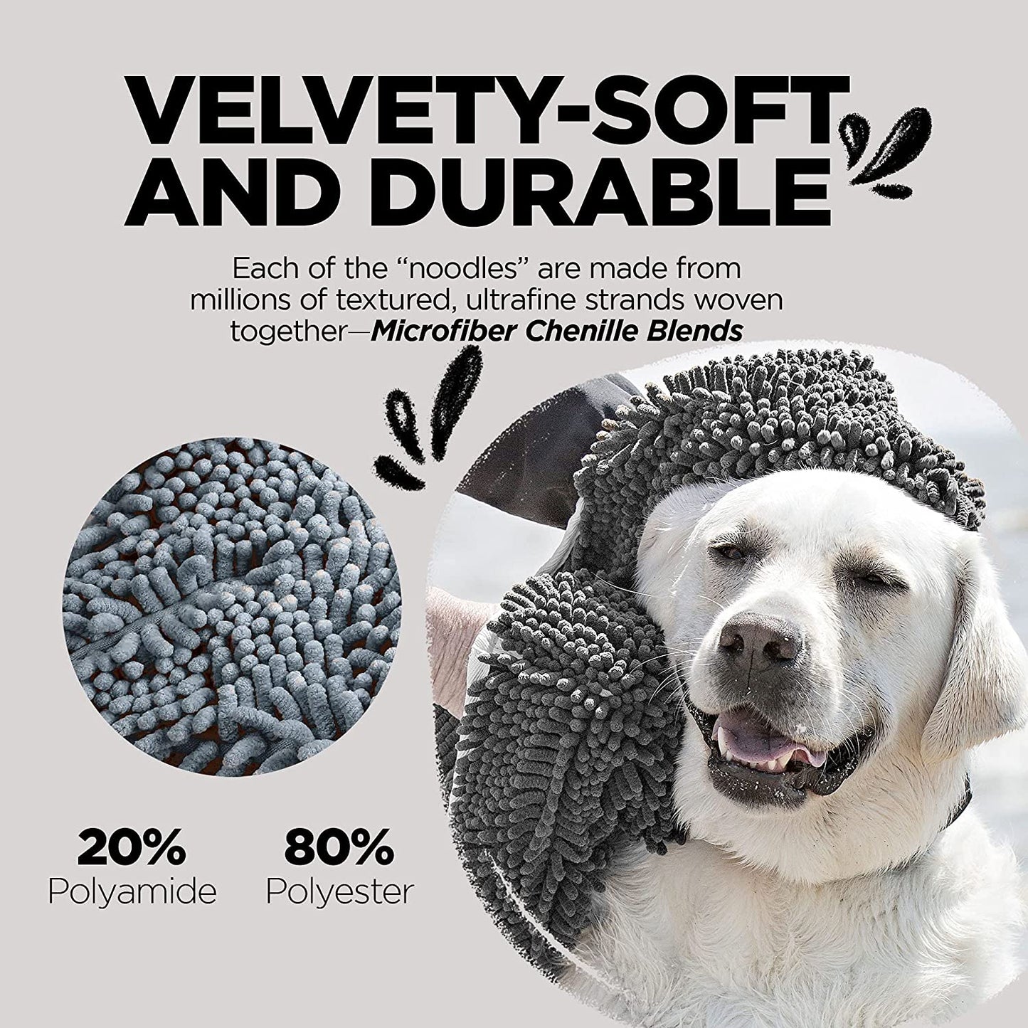 Soggy Doggy Super Shammy Microfiber Chenille Towel for Efficient Dog Drying and Paw Cleaning - Fast Drying with Convenient Hand Pockets (Gray, 31” x 14”)