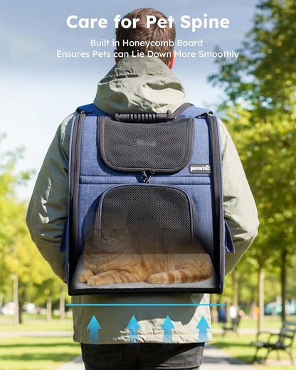 Expandable Cat Backpack Carrier for Small Pets up to 11 lbs, Featuring 4-Sided Breathable Mesh, Multi-Entry Design, and Lockable Zippers for Travel, Hiking, and Camping - Hands-Free, Blue
