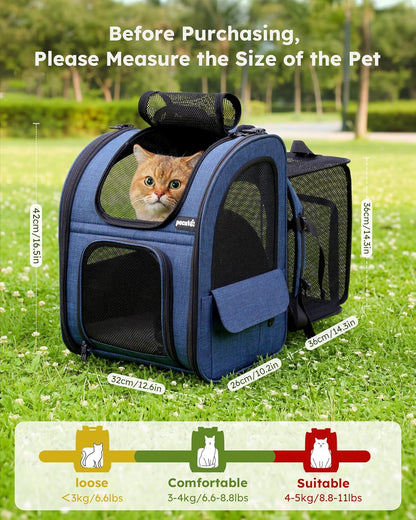Expandable Cat Backpack Carrier for Small Pets up to 11 lbs, Featuring 4-Sided Breathable Mesh, Multi-Entry Design, and Lockable Zippers for Travel, Hiking, and Camping - Hands-Free, Blue