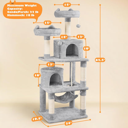 62.5-Inch Cat Tree Tower with Platform, Hammock, and Scratching Posts - Plush Perch for Indoor Relaxation and Play, Light Gray