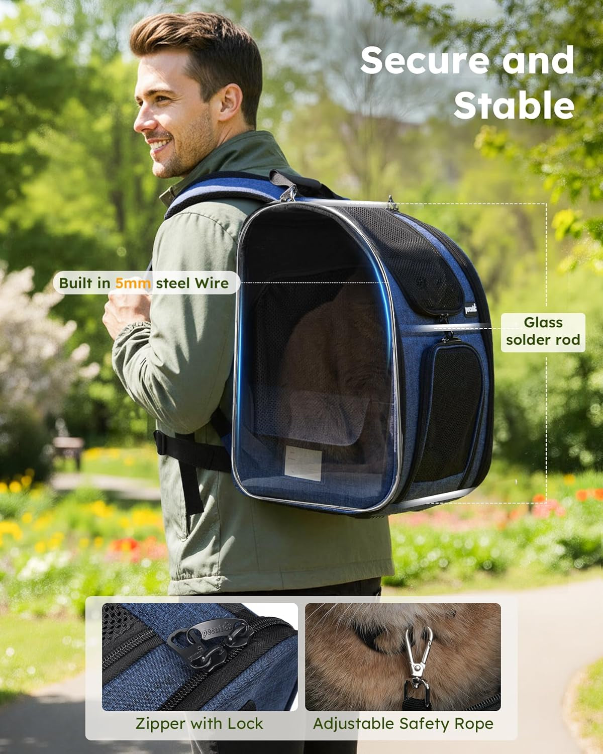 Expandable Cat Backpack Carrier for Small Pets up to 11 lbs, Featuring 4-Sided Breathable Mesh, Multi-Entry Design, and Lockable Zippers for Travel, Hiking, and Camping - Hands-Free, Blue