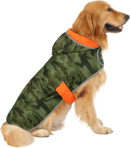 Reversible Hooded Dog Raincoat Poncho Jacket in Camo Orange for Small to Large Breeds - Size L
