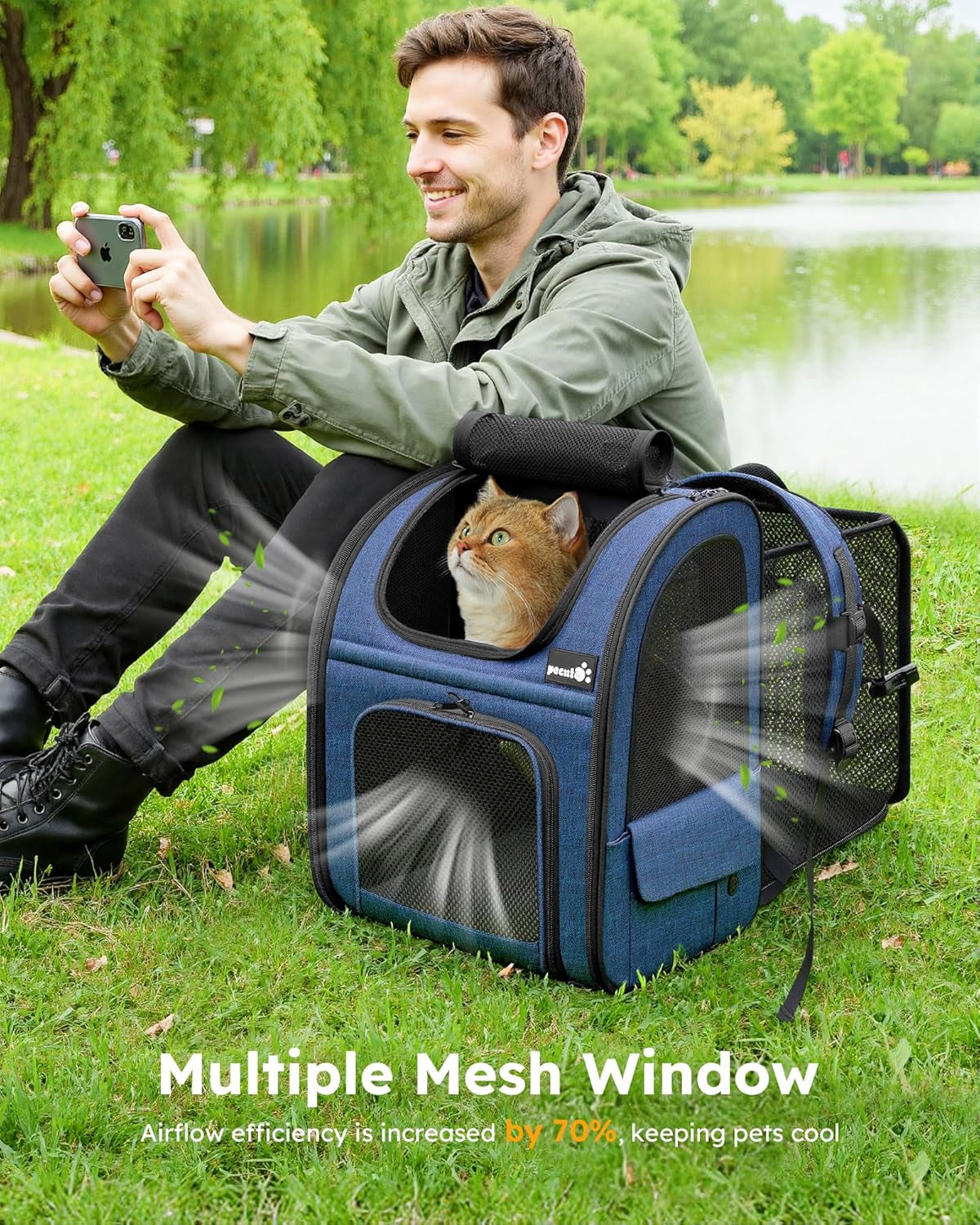 Expandable Cat Backpack Carrier for Small Pets up to 11 lbs, Featuring 4-Sided Breathable Mesh, Multi-Entry Design, and Lockable Zippers for Travel, Hiking, and Camping - Hands-Free, Blue