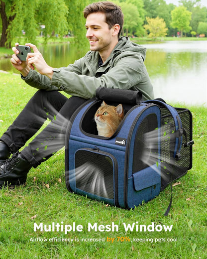 Expandable Cat Backpack Carrier for Small Pets up to 11 lbs, Featuring 4-Sided Breathable Mesh, Multi-Entry Design, and Lockable Zippers for Travel, Hiking, and Camping - Hands-Free, Blue