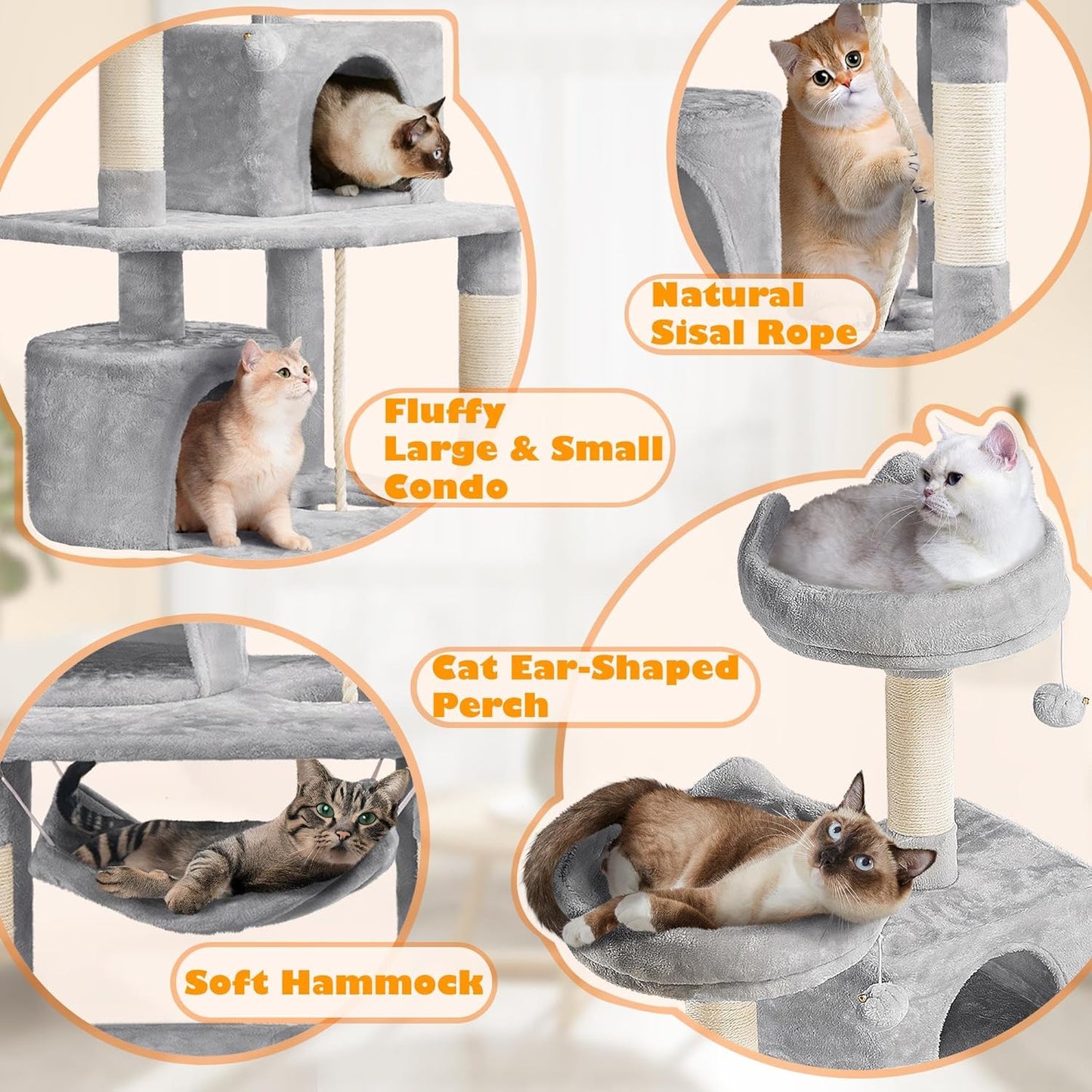 62.5-Inch Cat Tree Tower with Platform, Hammock, and Scratching Posts - Plush Perch for Indoor Relaxation and Play, Light Gray